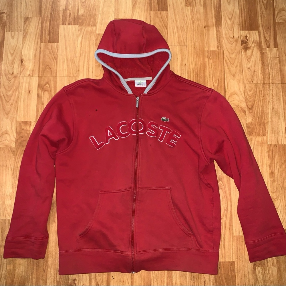 Lacoste Sport Red Full Zip Fleece Hoodie Logo Collegiate Large